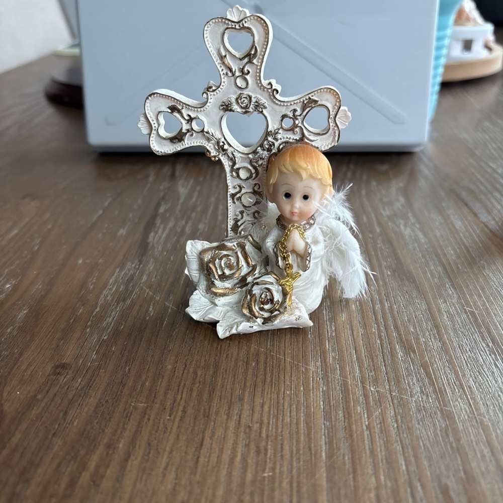 Angel Figurine with Cross and Roses